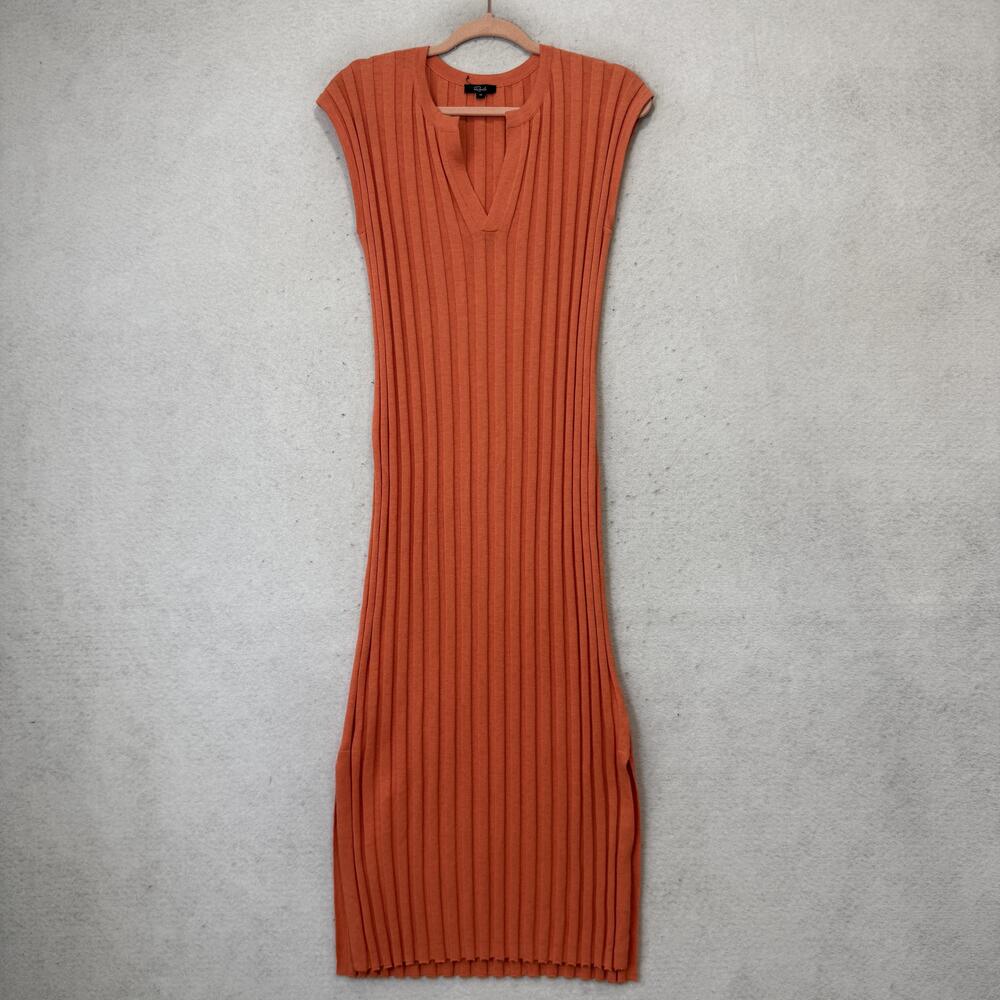 Rails Sweater Dress Womens Medium Orange Ribbed V Neck Cap Sleeve Knit Midi